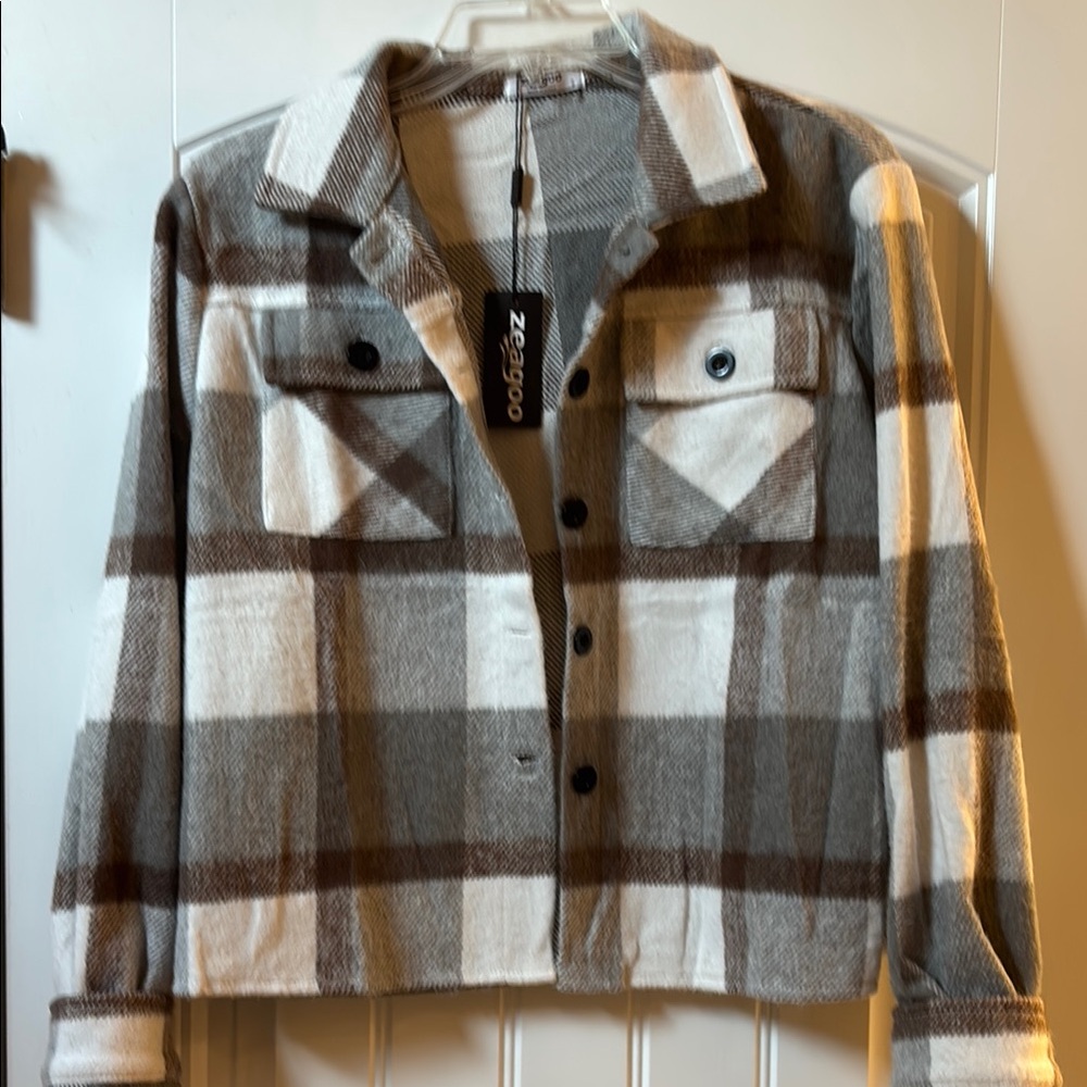 Zeagoo Brown and White Utility Jacket with Rustic Plaid Design
